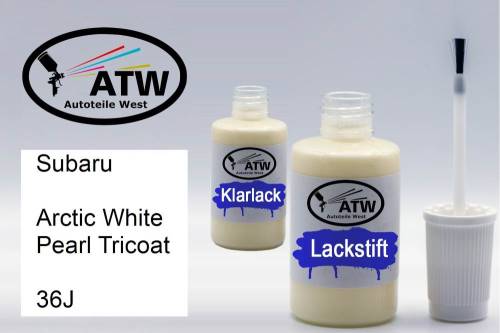 Subaru, Arctic White Pearl Tricoat, 36J: 20ml Lackstift + 20ml Klarlack - Set, von ATW Autoteile West.